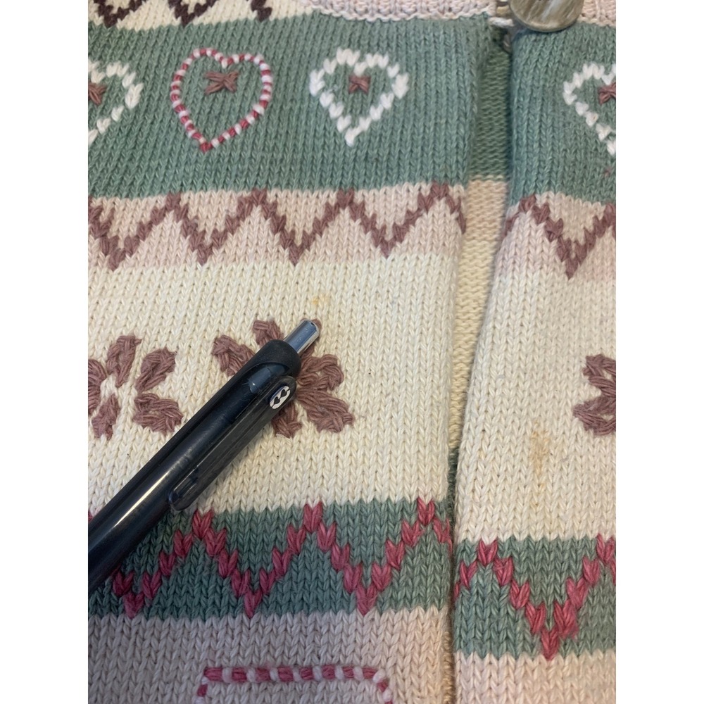 Vintage April Cornell Embroidered Striped Heart Cardigan Sweater Green Tan M/L - Picture 8 of 9